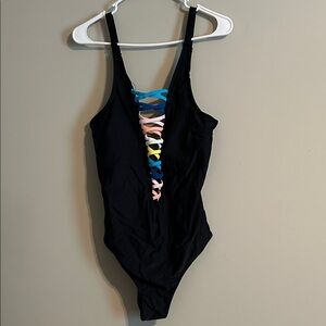 Black One-Piece Swimsuit with Colorful Lace-Up